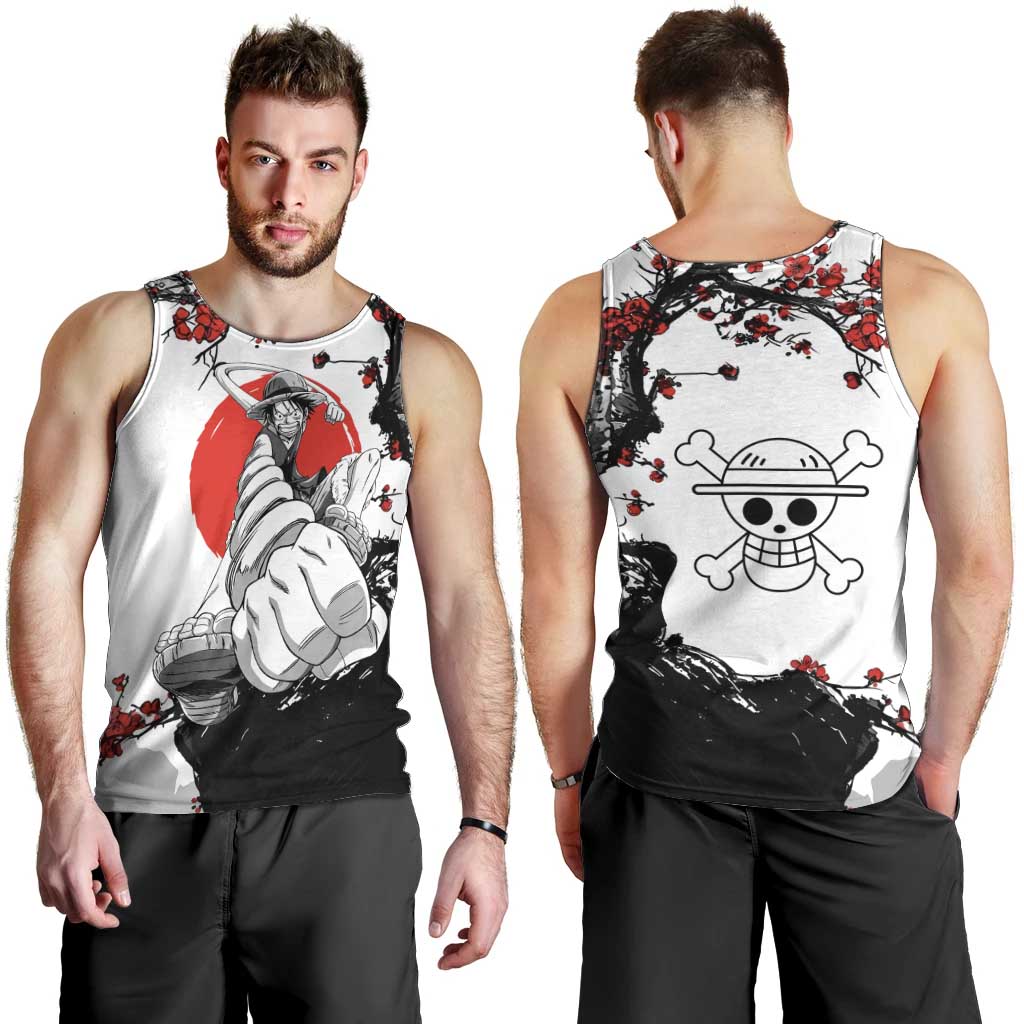 Luffy Gear 3 One Piece Anime White and Red Japanese Art Style Men Tank Top with Cherry Blossom Tree and Straw Hat Pirates Jolly Roger - The Mazicc