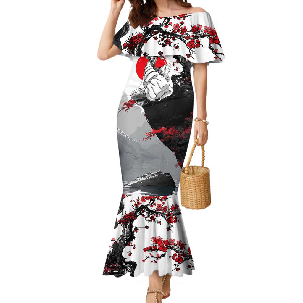 Luffy Gear 3 One Piece Anime White and Red Japanese Art Style Mermaid Dress with Cherry Blossom Tree and Straw Hat Pirates Jolly Roger - The Mazicc