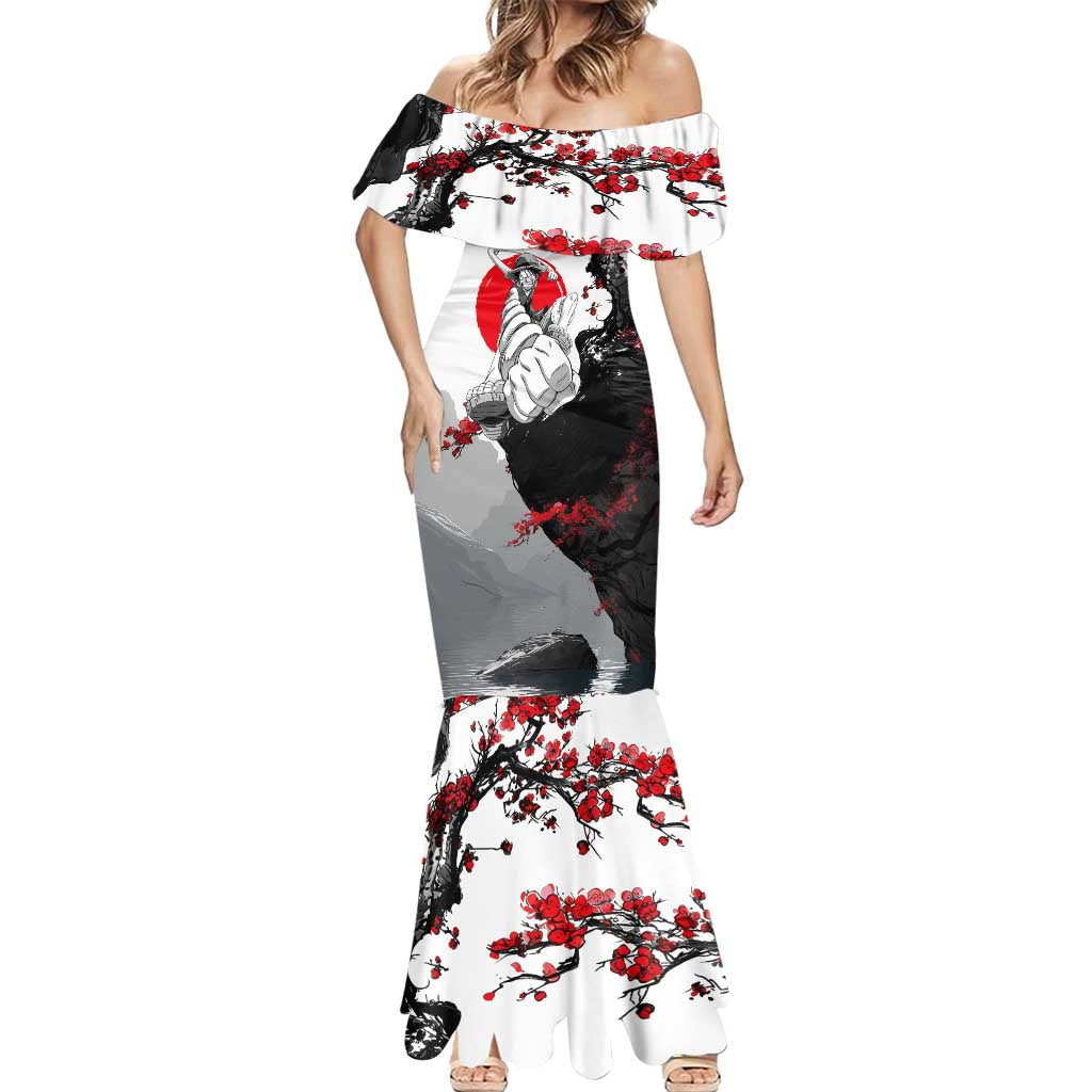 Luffy Gear 3 One Piece Anime White and Red Japanese Art Style Mermaid Dress with Cherry Blossom Tree and Straw Hat Pirates Jolly Roger - The Mazicc
