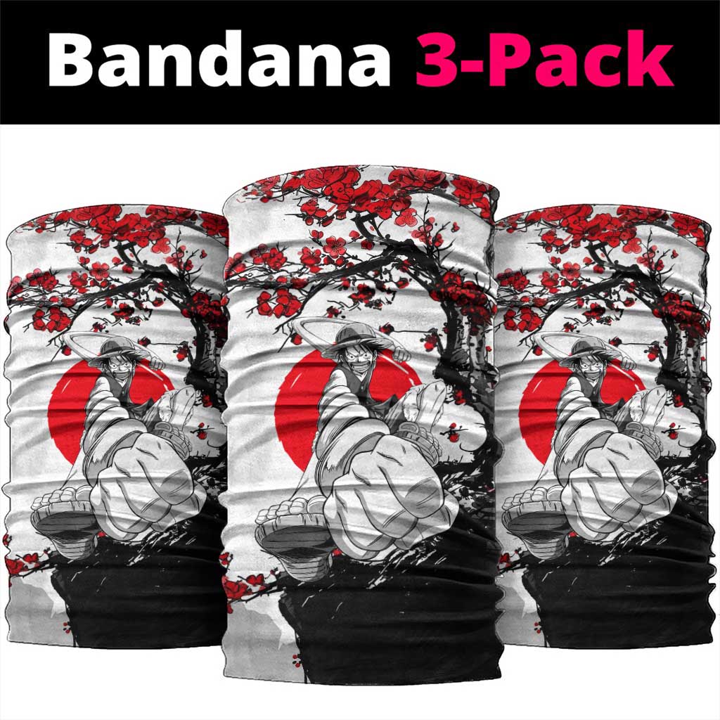 Luffy Gear 3 One Piece Anime White and Red Japanese Art Style Neck Gaiter with Cherry Blossom Tree and Straw Hat Pirates Jolly Roger - The Mazicc