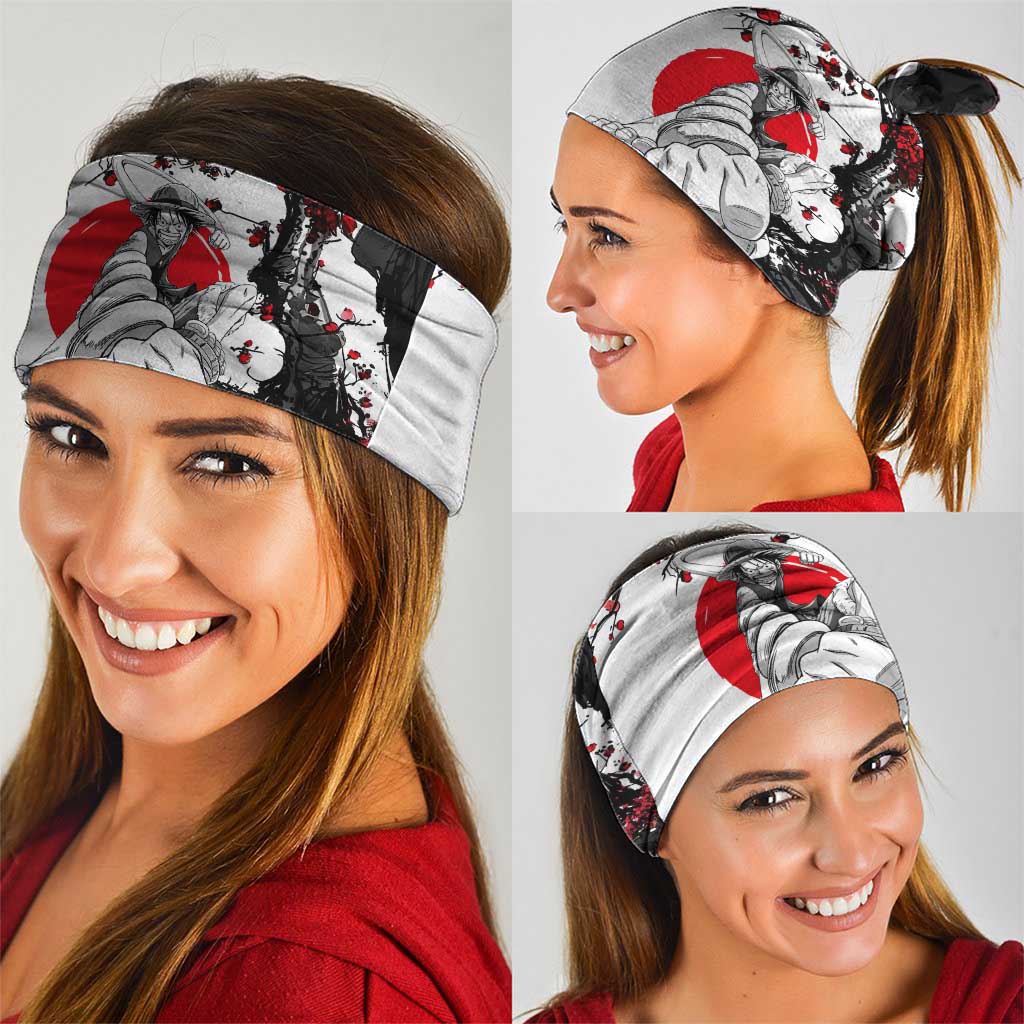 Luffy Gear 3 One Piece Anime White and Red Japanese Art Style Neck Gaiter with Cherry Blossom Tree and Straw Hat Pirates Jolly Roger - The Mazicc