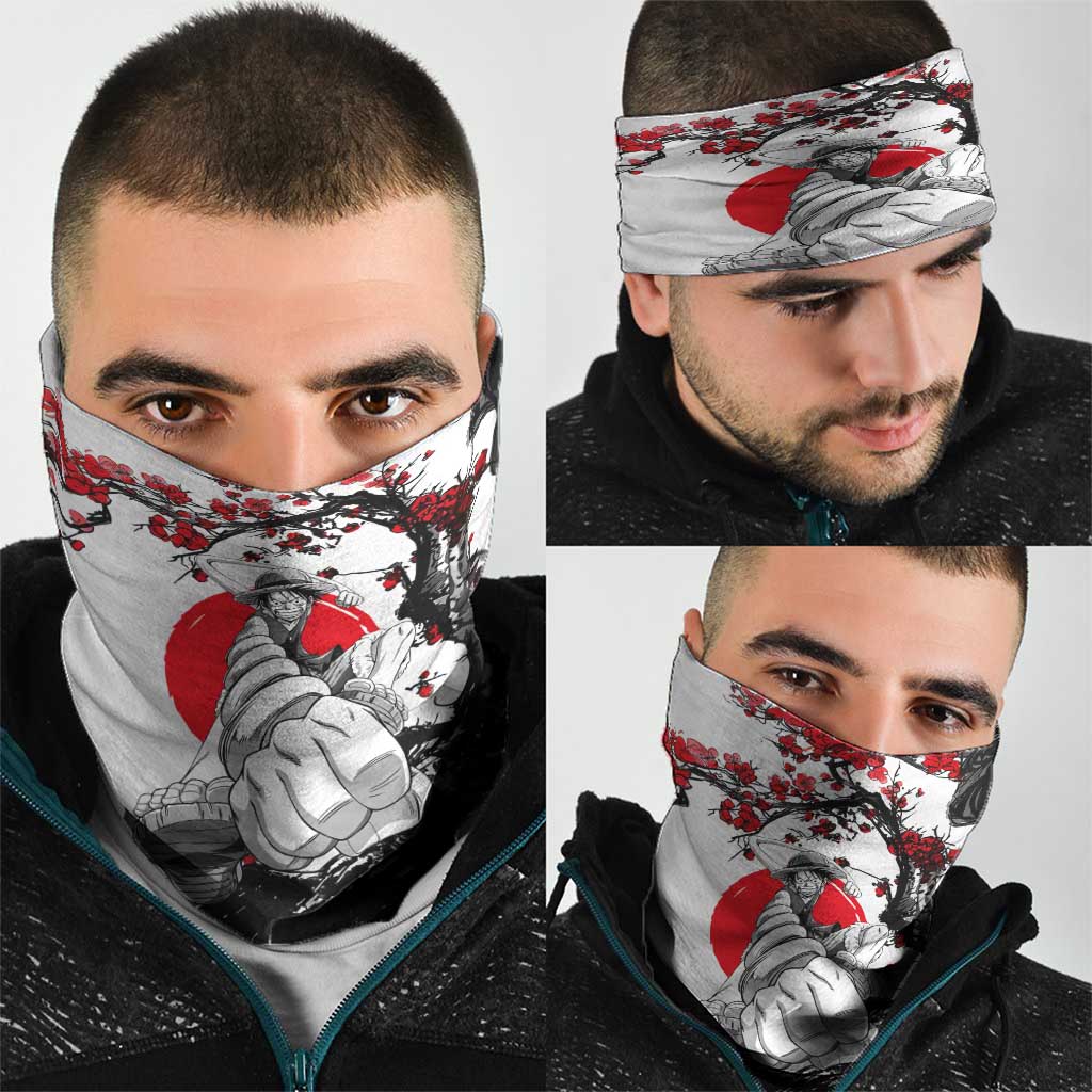 Luffy Gear 3 One Piece Anime White and Red Japanese Art Style Neck Gaiter with Cherry Blossom Tree and Straw Hat Pirates Jolly Roger - The Mazicc