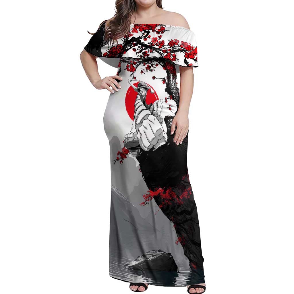 Luffy Gear 3 One Piece Anime White and Red Japanese Art Style Off Shoulder Maxi Dress with Cherry Blossom Tree and Straw Hat Pirates Jolly Roger - The Mazicc