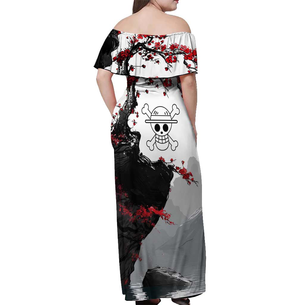 Luffy Gear 3 One Piece Anime White and Red Japanese Art Style Off Shoulder Maxi Dress with Cherry Blossom Tree and Straw Hat Pirates Jolly Roger - The Mazicc