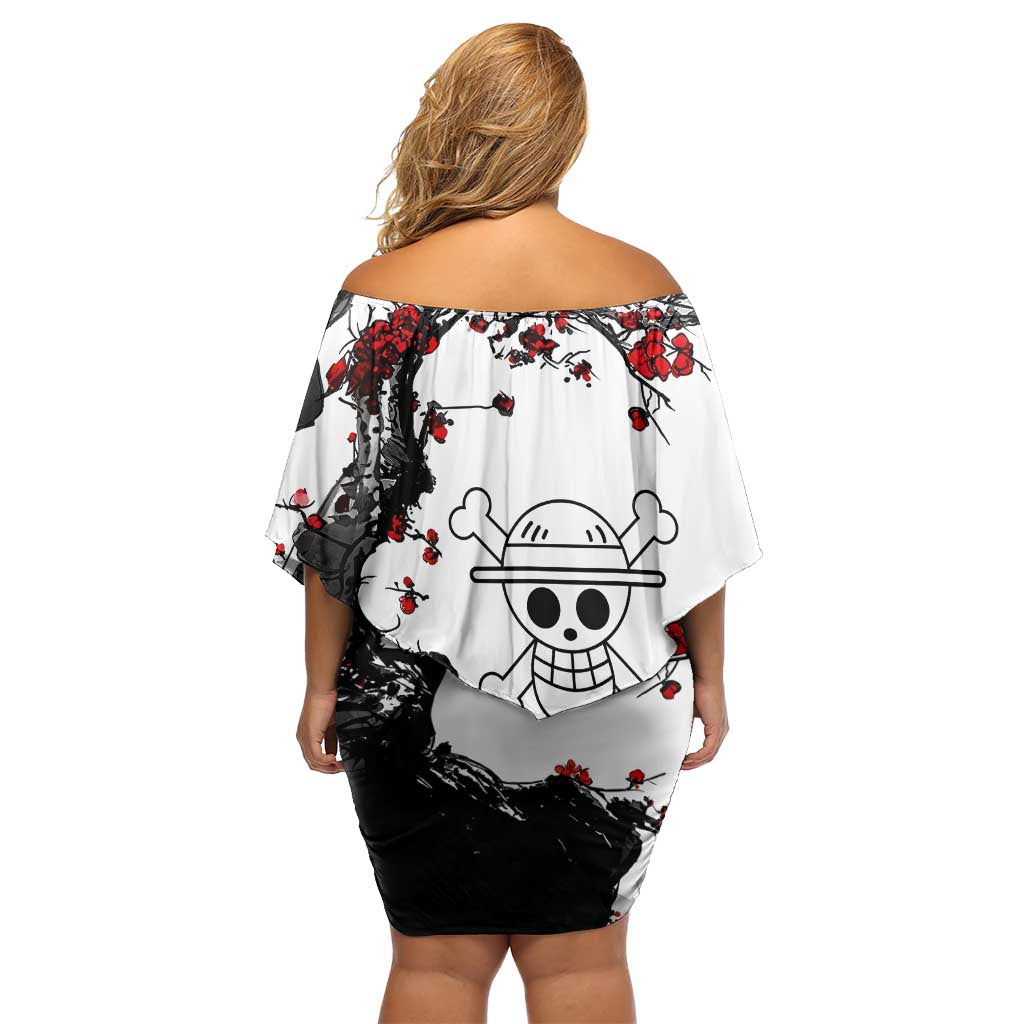 Luffy Gear 3 One Piece Anime White and Red Japanese Art Style Off Shoulder Short Dress with Cherry Blossom Tree and Straw Hat Pirates Jolly Roger - The Mazicc