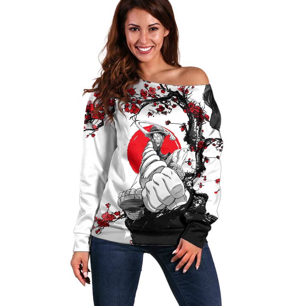 Luffy Gear 3 One Piece Anime White and Red Japanese Art Style Off Shoulder Sweater with Cherry Blossom Tree and Straw Hat Pirates Jolly Roger - The Mazicc