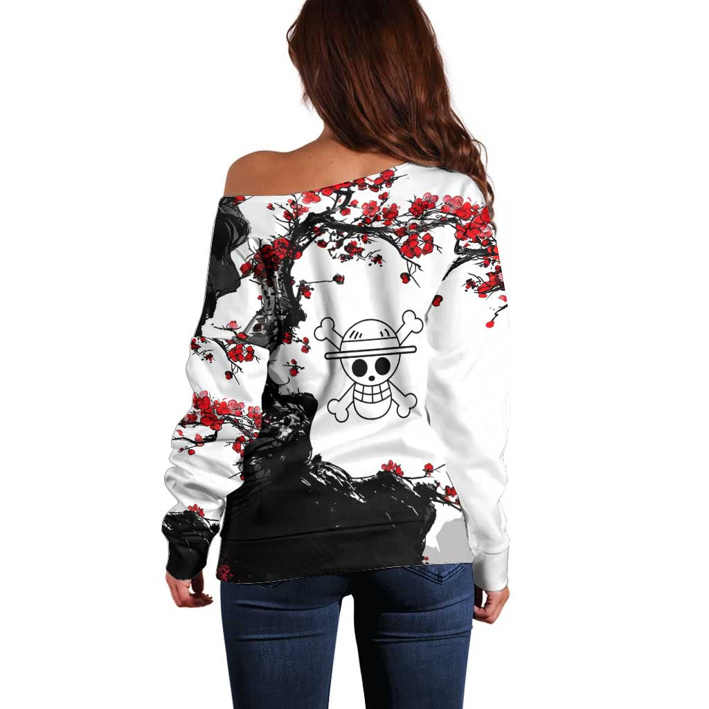Luffy Gear 3 One Piece Anime White and Red Japanese Art Style Off Shoulder Sweater with Cherry Blossom Tree and Straw Hat Pirates Jolly Roger - The Mazicc