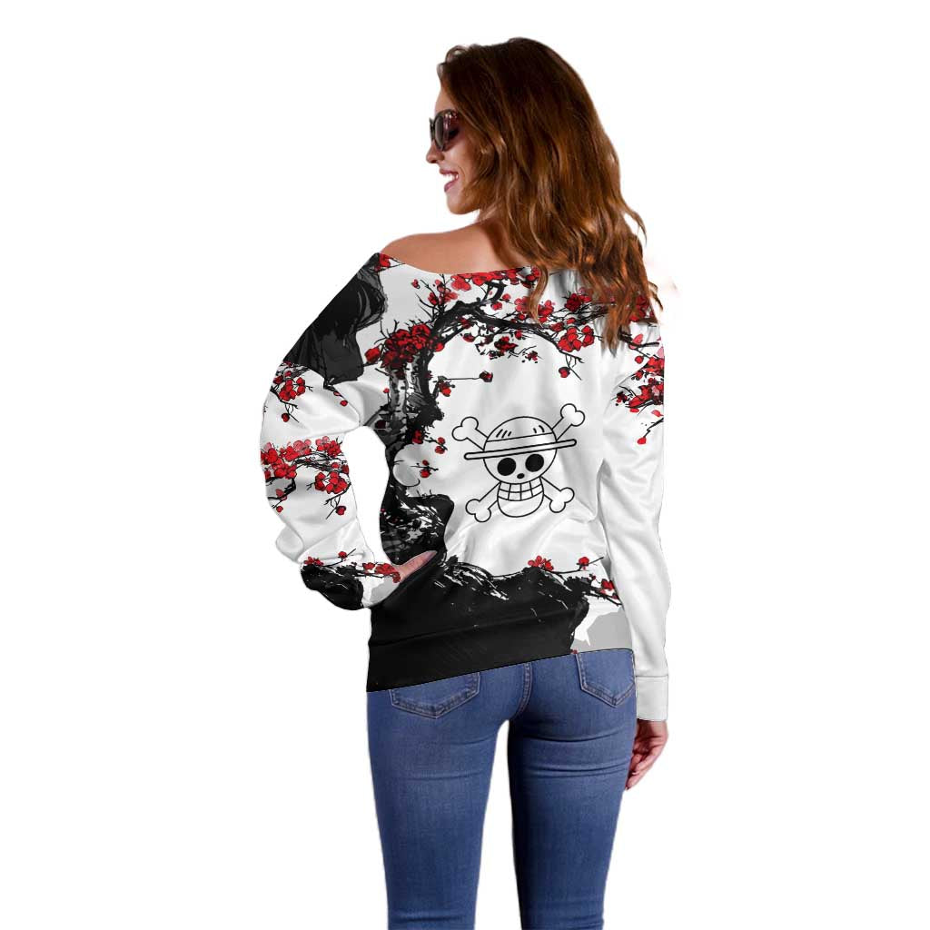 Luffy Gear 3 One Piece Anime White and Red Japanese Art Style Off Shoulder Sweater with Cherry Blossom Tree and Straw Hat Pirates Jolly Roger - The Mazicc