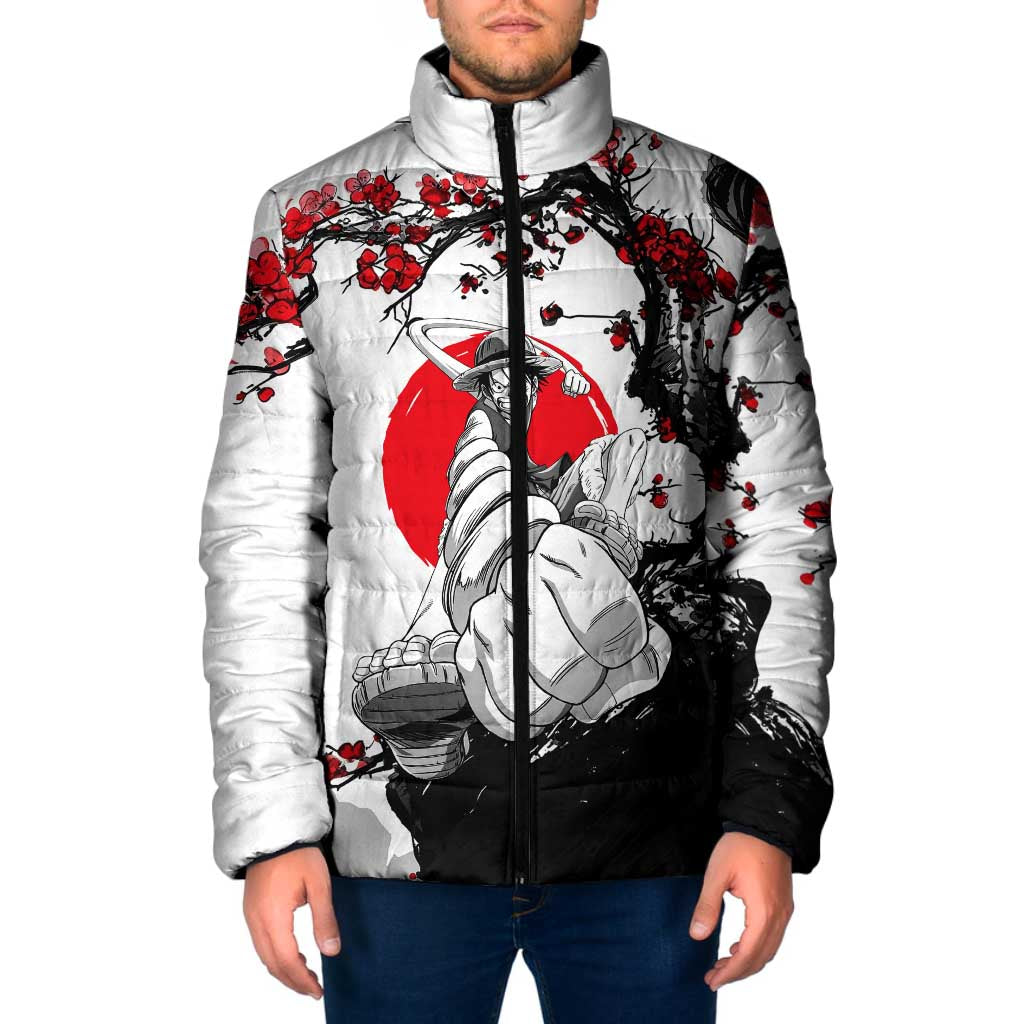 Luffy Gear 3 One Piece Anime White and Red Japanese Art Style Padded Jacket with Cherry Blossom Tree and Straw Hat Pirates Jolly Roger - The Mazicc