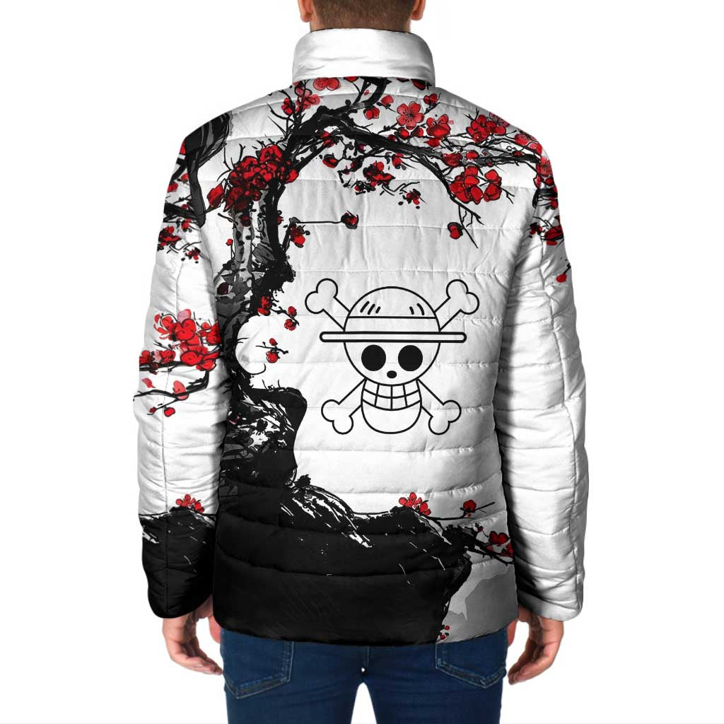 Luffy Gear 3 One Piece Anime White and Red Japanese Art Style Padded Jacket with Cherry Blossom Tree and Straw Hat Pirates Jolly Roger - The Mazicc