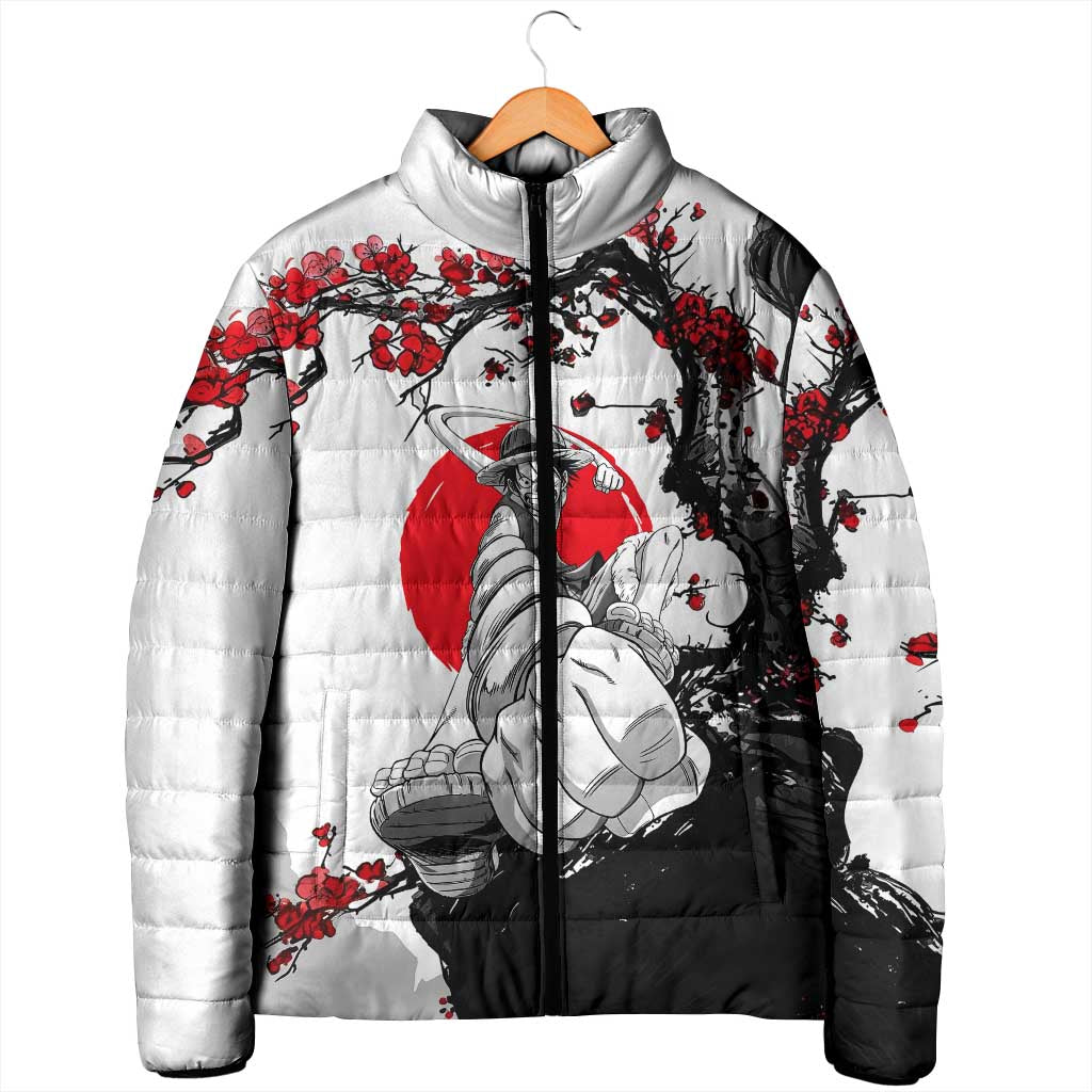 Luffy Gear 3 One Piece Anime White and Red Japanese Art Style Padded Jacket with Cherry Blossom Tree and Straw Hat Pirates Jolly Roger - The Mazicc