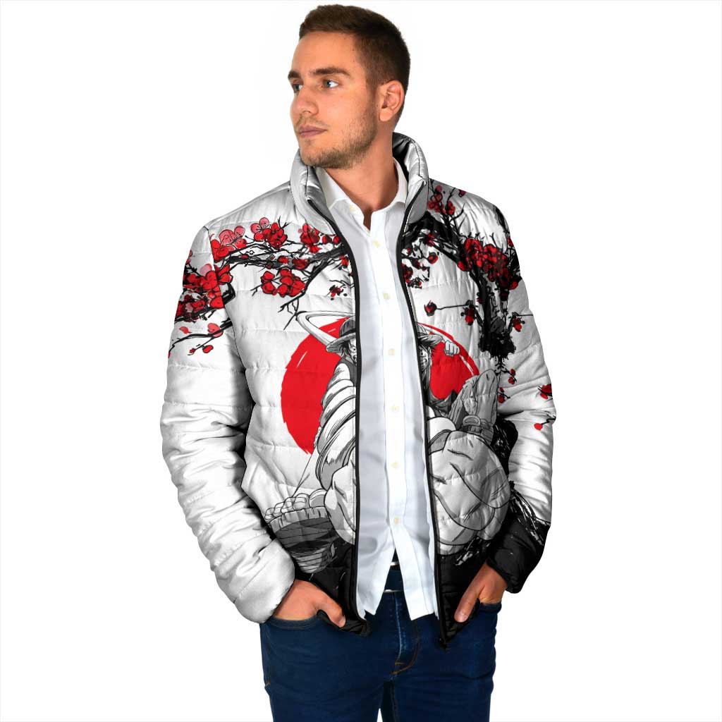 Luffy Gear 3 One Piece Anime White and Red Japanese Art Style Padded Jacket with Cherry Blossom Tree and Straw Hat Pirates Jolly Roger - The Mazicc