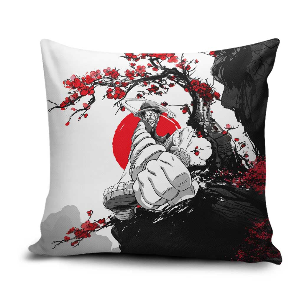 Luffy Gear 3 One Piece Anime White and Red Japanese Art Style Pillow Cover with Cherry Blossom Tree and Straw Hat Pirates Jolly Roger - The Mazicc