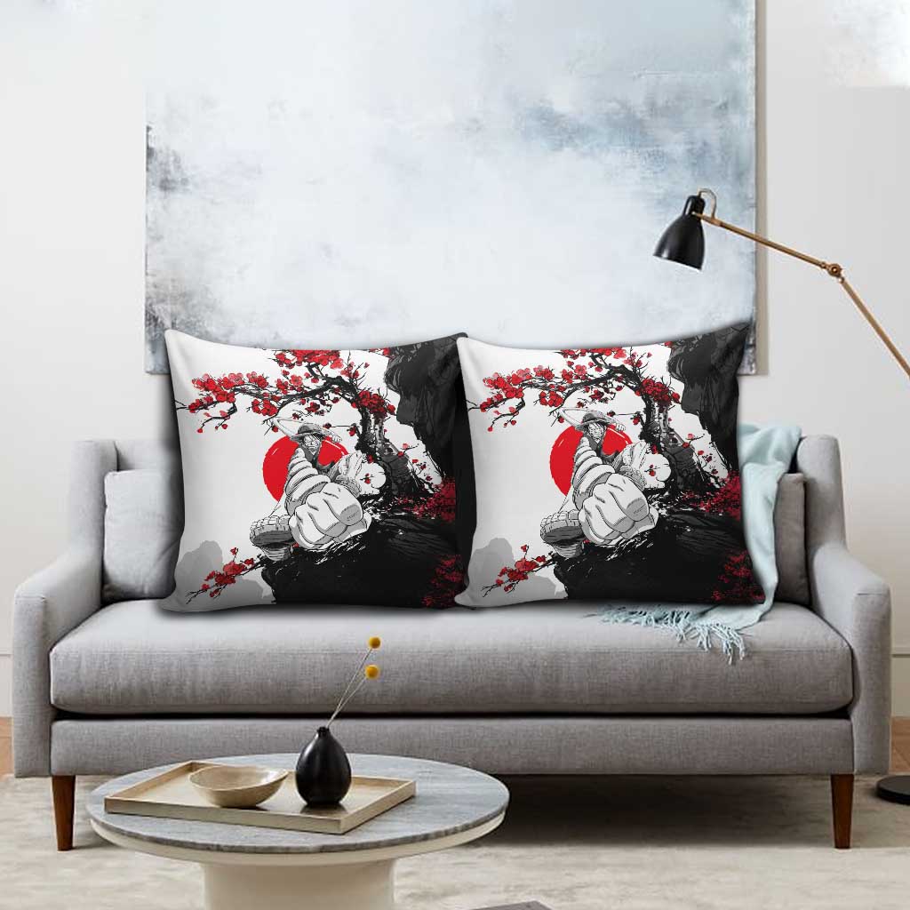 Luffy Gear 3 One Piece Anime White and Red Japanese Art Style Pillow Cover with Cherry Blossom Tree and Straw Hat Pirates Jolly Roger - The Mazicc