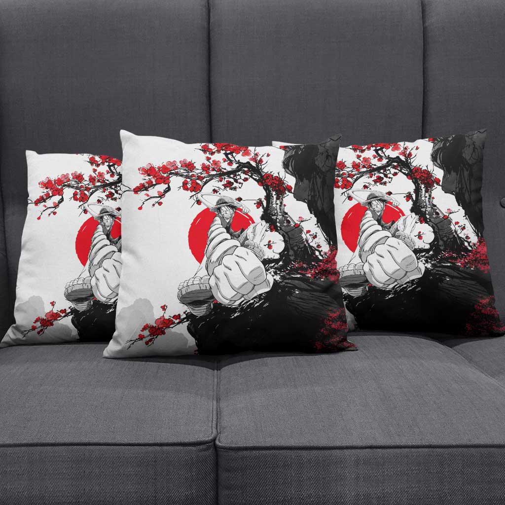 Luffy Gear 3 One Piece Anime White and Red Japanese Art Style Pillow Cover with Cherry Blossom Tree and Straw Hat Pirates Jolly Roger - The Mazicc