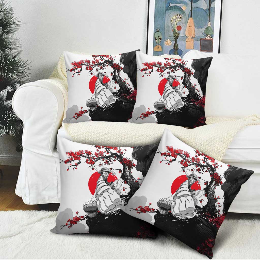 Luffy Gear 3 One Piece Anime White and Red Japanese Art Style Pillow Cover with Cherry Blossom Tree and Straw Hat Pirates Jolly Roger - The Mazicc