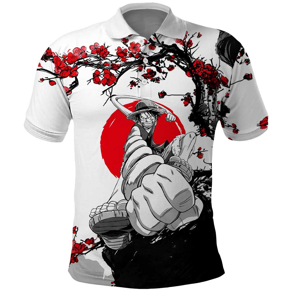 Luffy Gear 3 One Piece Anime White and Red Japanese Art Style Polo Shirt with Cherry Blossom Tree and Straw Hat Pirates Jolly Roger - The Mazicc