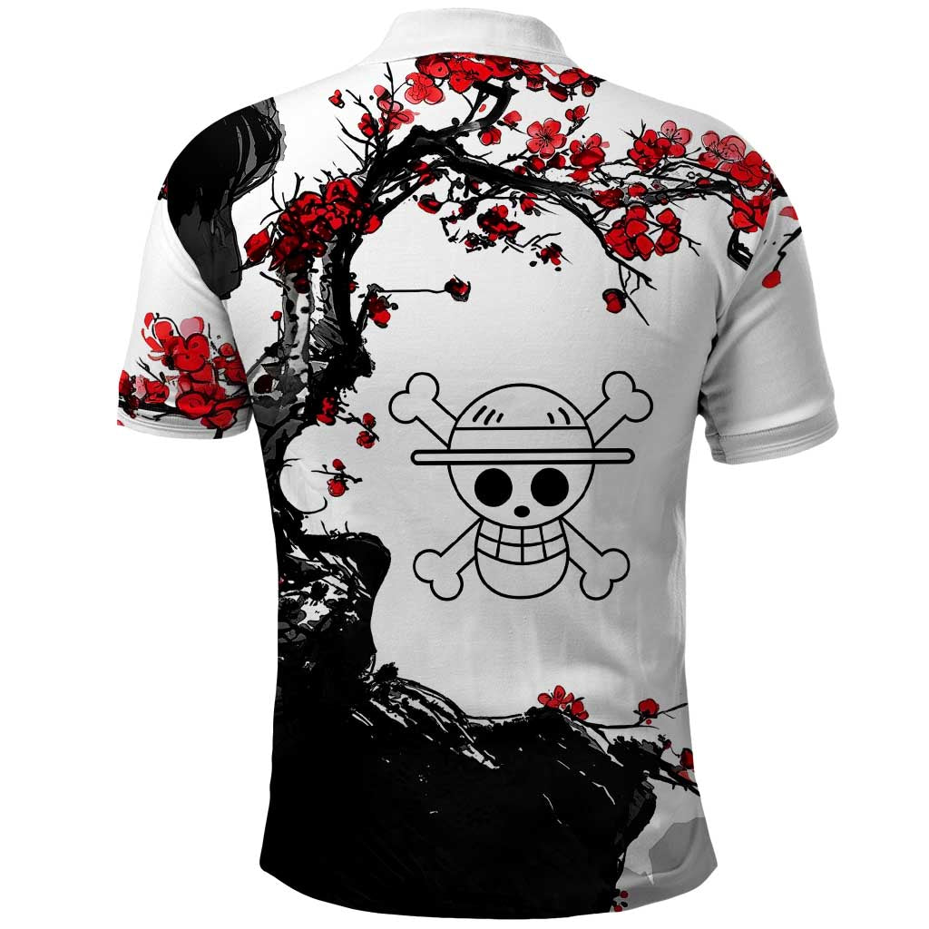 Luffy Gear 3 One Piece Anime White and Red Japanese Art Style Polo Shirt with Cherry Blossom Tree and Straw Hat Pirates Jolly Roger - The Mazicc