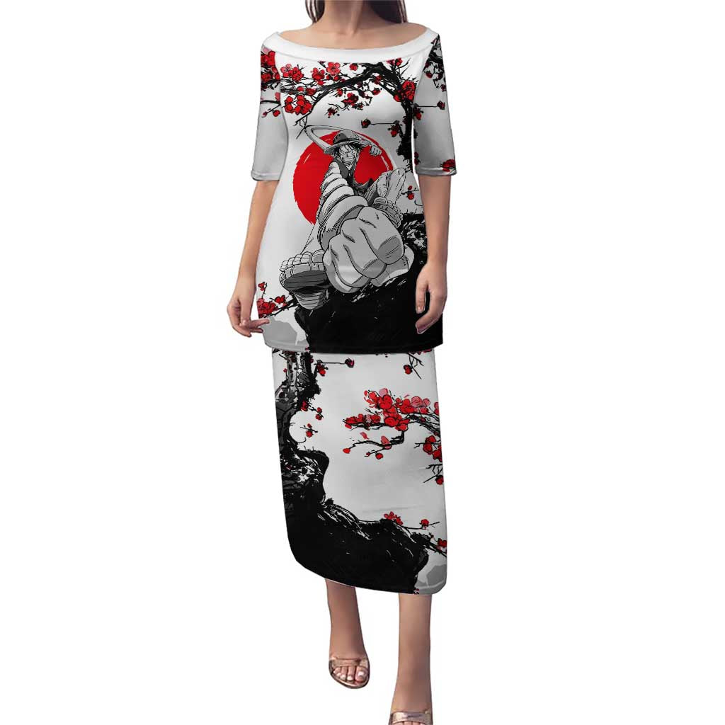 Luffy Gear 3 One Piece Anime White and Red Japanese Art Style Puletasi with Cherry Blossom Tree and Straw Hat Pirates Jolly Roger - The Mazicc