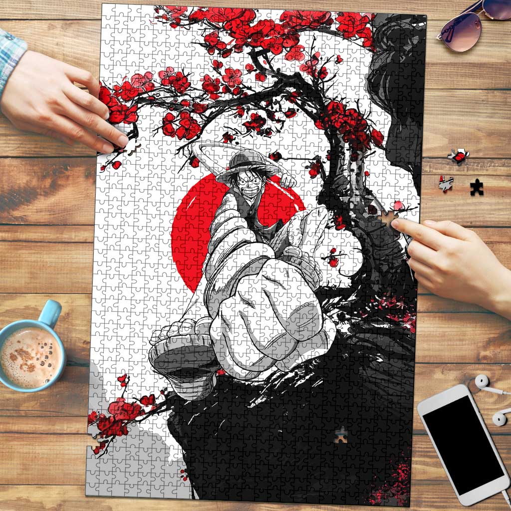 Luffy Gear 3 One Piece Anime White and Red Japanese Art Style Puzzle with Cherry Blossom Tree and Straw Hat Pirates Jolly Roger - The Mazicc