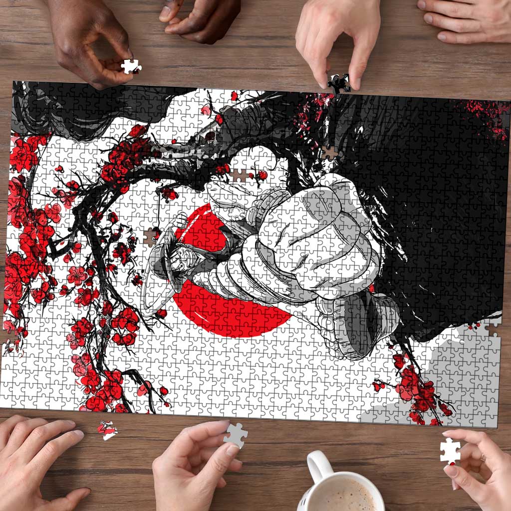 Luffy Gear 3 One Piece Anime White and Red Japanese Art Style Puzzle with Cherry Blossom Tree and Straw Hat Pirates Jolly Roger - The Mazicc