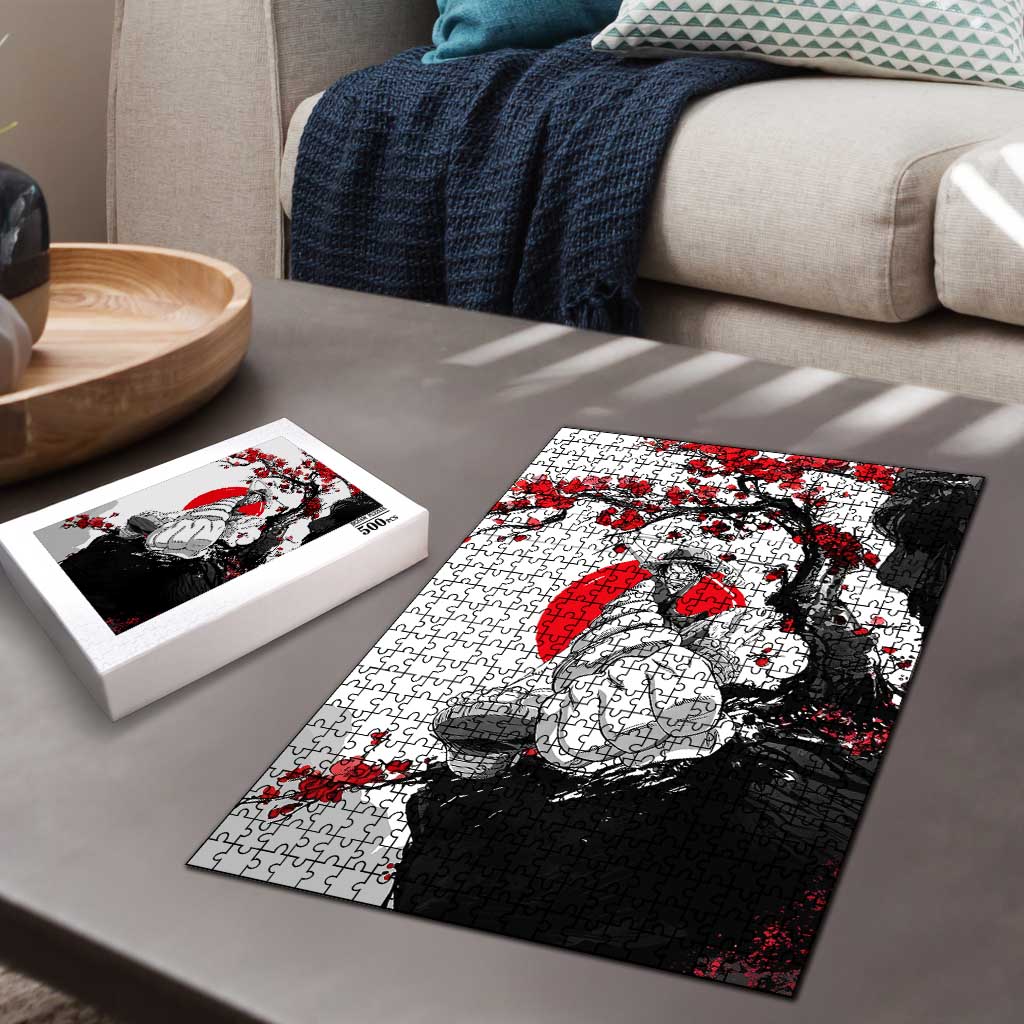 Luffy Gear 3 One Piece Anime White and Red Japanese Art Style Puzzle with Cherry Blossom Tree and Straw Hat Pirates Jolly Roger - The Mazicc