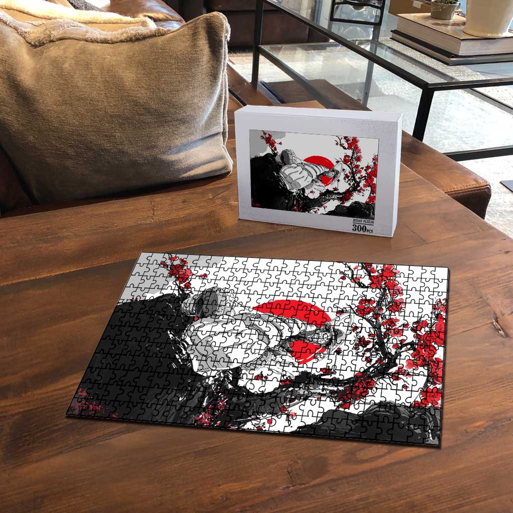 Luffy Gear 3 One Piece Anime White and Red Japanese Art Style Puzzle with Cherry Blossom Tree and Straw Hat Pirates Jolly Roger - The Mazicc