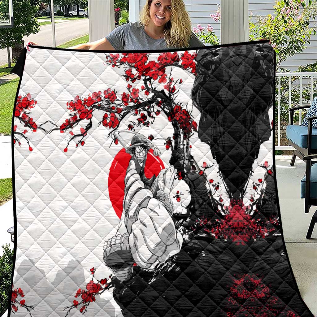 Luffy Gear 3 One Piece Anime White and Red Japanese Art Style Quilt with Cherry Blossom Tree and Straw Hat Pirates Jolly Roger - The Mazicc