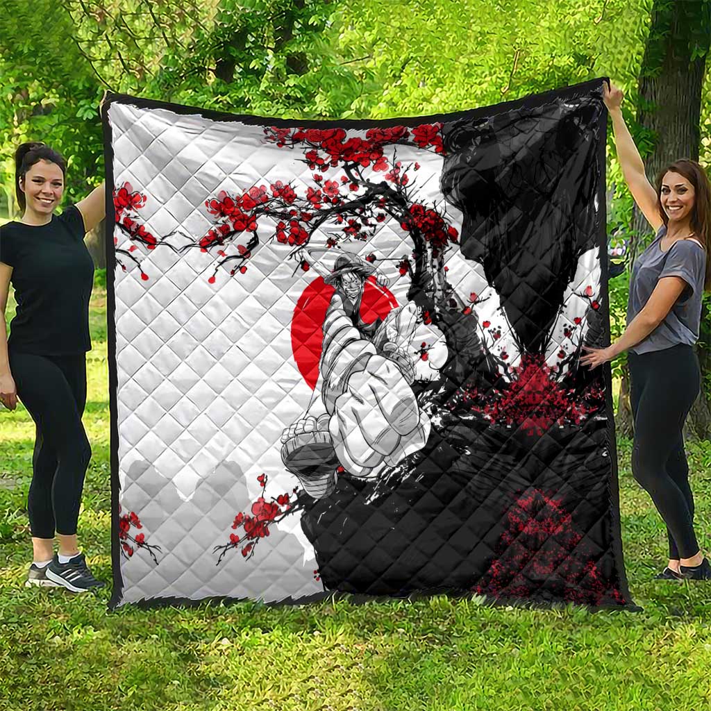 Luffy Gear 3 One Piece Anime White and Red Japanese Art Style Quilt with Cherry Blossom Tree and Straw Hat Pirates Jolly Roger - The Mazicc