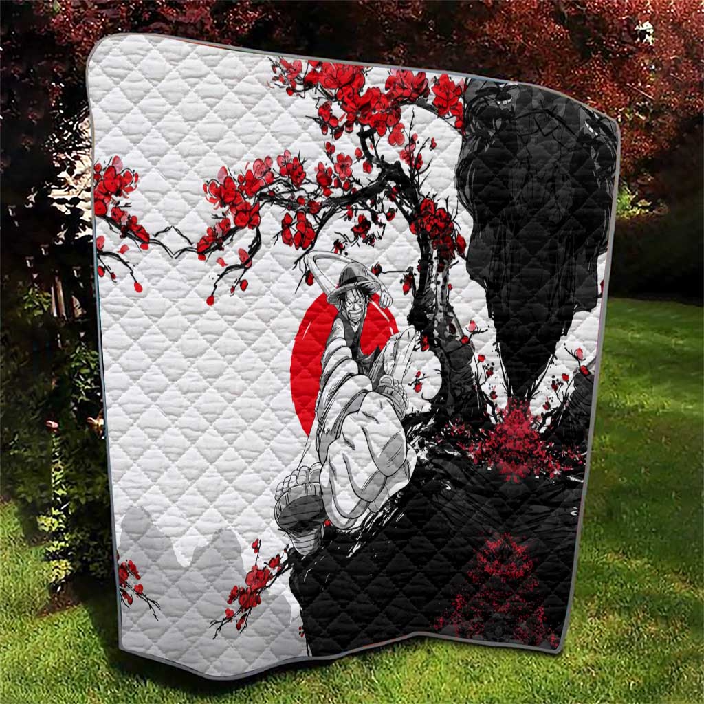 Luffy Gear 3 One Piece Anime White and Red Japanese Art Style Quilt with Cherry Blossom Tree and Straw Hat Pirates Jolly Roger - The Mazicc