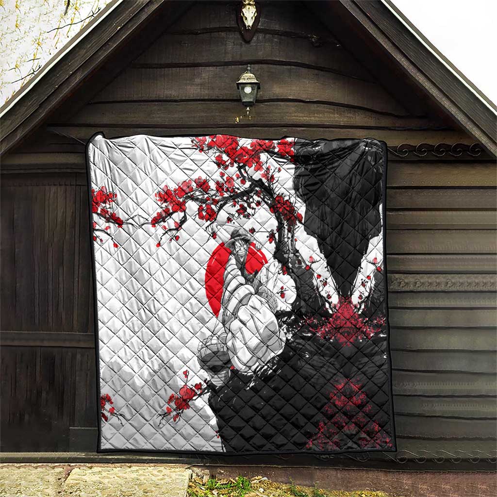 Luffy Gear 3 One Piece Anime White and Red Japanese Art Style Quilt with Cherry Blossom Tree and Straw Hat Pirates Jolly Roger - The Mazicc
