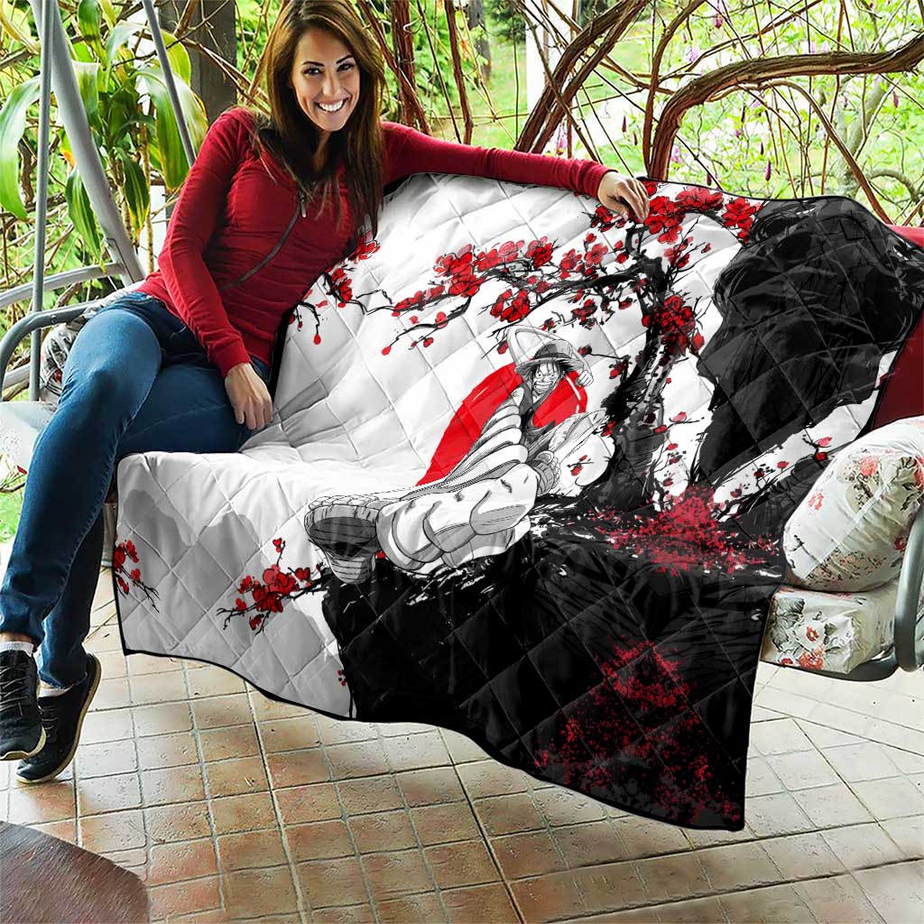 Luffy Gear 3 One Piece Anime White and Red Japanese Art Style Quilt with Cherry Blossom Tree and Straw Hat Pirates Jolly Roger - The Mazicc