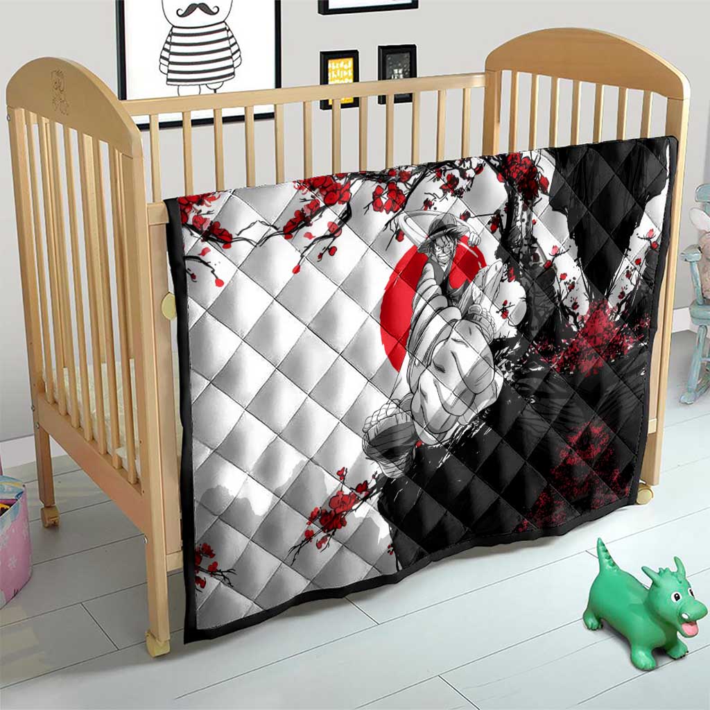 Luffy Gear 3 One Piece Anime White and Red Japanese Art Style Quilt with Cherry Blossom Tree and Straw Hat Pirates Jolly Roger - The Mazicc