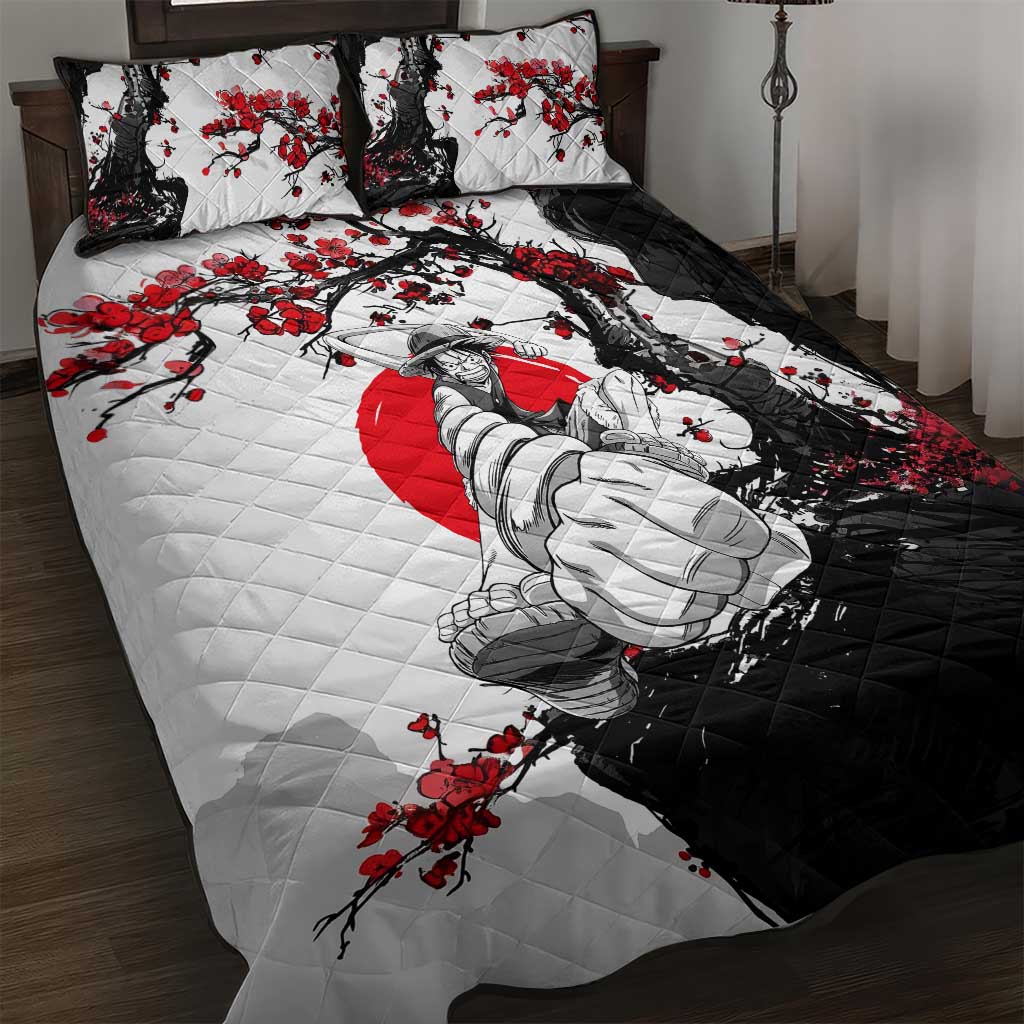 Luffy Gear 3 One Piece Anime White and Red Japanese Art Style Quilt Bed Set with Cherry Blossom Tree and Straw Hat Pirates Jolly Roger - The Mazicc