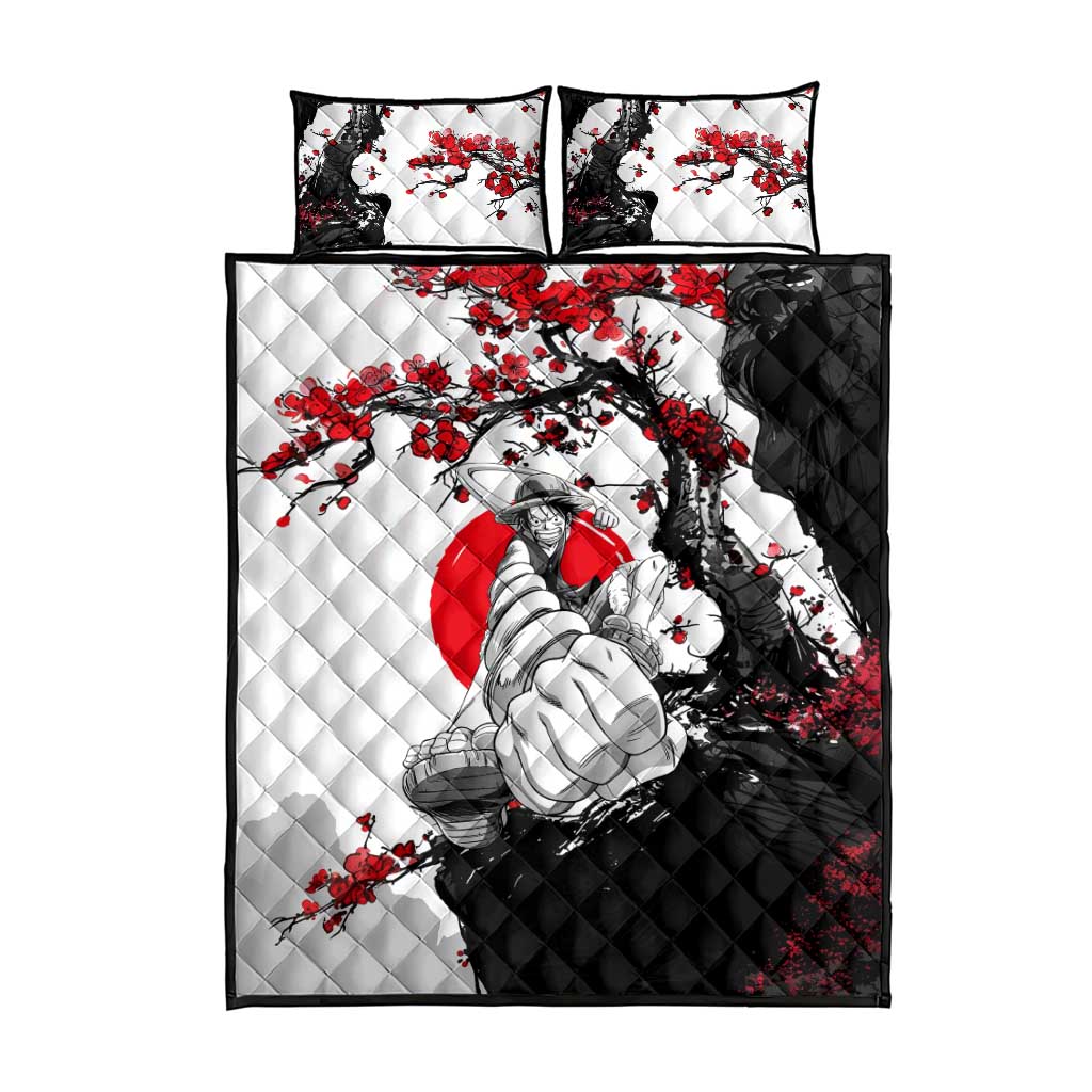 Luffy Gear 3 One Piece Anime White and Red Japanese Art Style Quilt Bed Set with Cherry Blossom Tree and Straw Hat Pirates Jolly Roger - The Mazicc