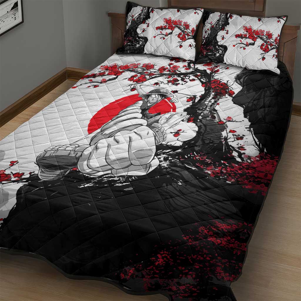 Luffy Gear 3 One Piece Anime White and Red Japanese Art Style Quilt Bed Set with Cherry Blossom Tree and Straw Hat Pirates Jolly Roger - The Mazicc