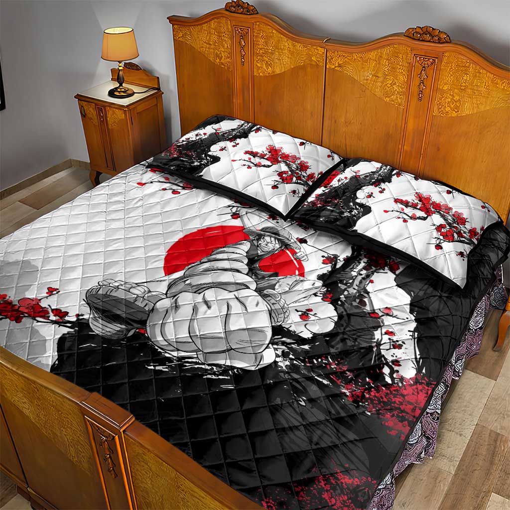 Luffy Gear 3 One Piece Anime White and Red Japanese Art Style Quilt Bed Set with Cherry Blossom Tree and Straw Hat Pirates Jolly Roger - The Mazicc