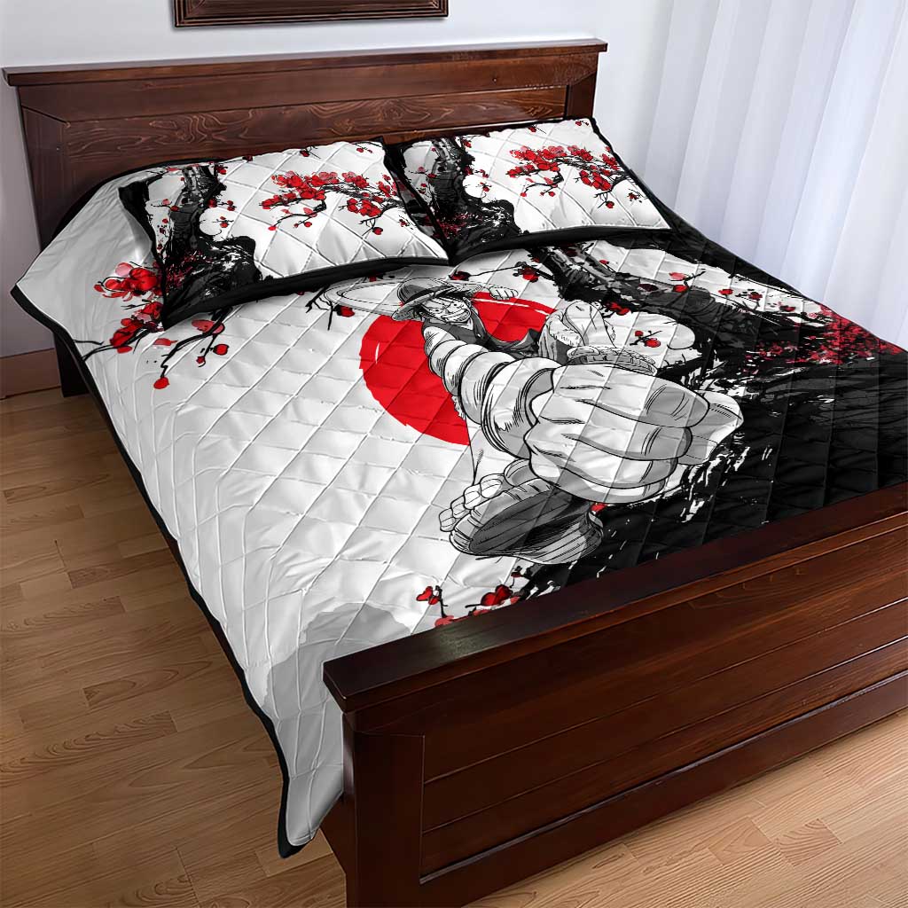 Luffy Gear 3 One Piece Anime White and Red Japanese Art Style Quilt Bed Set with Cherry Blossom Tree and Straw Hat Pirates Jolly Roger - The Mazicc