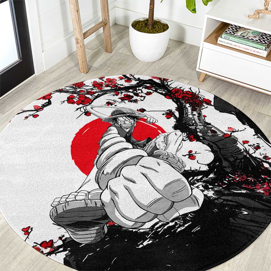 Luffy Gear 3 One Piece Anime White and Red Japanese Art Style Round Carpet with Cherry Blossom Tree and Straw Hat Pirates Jolly Roger - The Mazicc