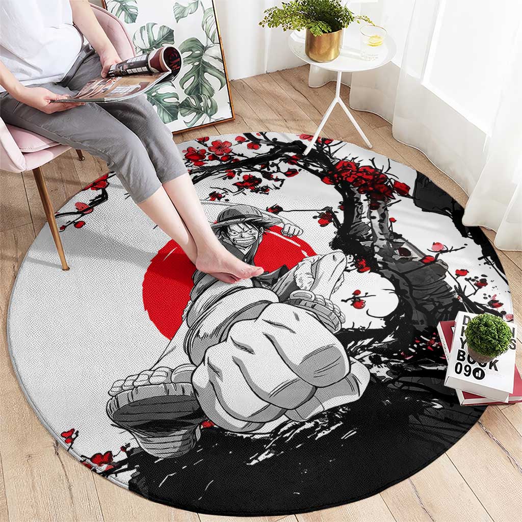 Luffy Gear 3 One Piece Anime White and Red Japanese Art Style Round Carpet with Cherry Blossom Tree and Straw Hat Pirates Jolly Roger - The Mazicc