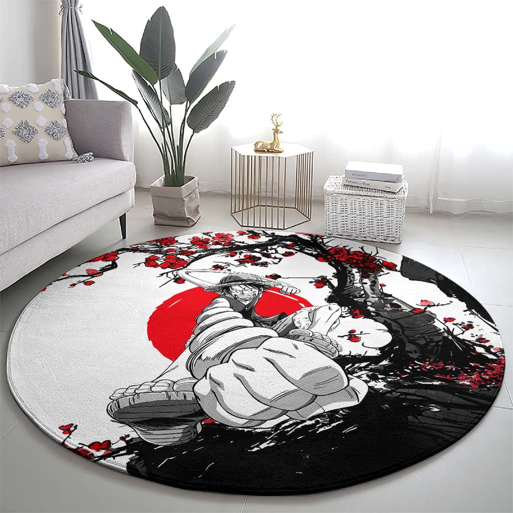 Luffy Gear 3 One Piece Anime White and Red Japanese Art Style Round Carpet with Cherry Blossom Tree and Straw Hat Pirates Jolly Roger - The Mazicc