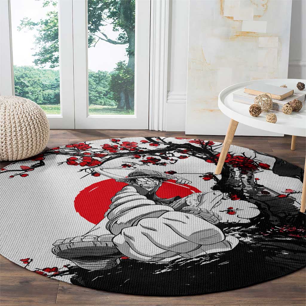 Luffy Gear 3 One Piece Anime White and Red Japanese Art Style Round Carpet with Cherry Blossom Tree and Straw Hat Pirates Jolly Roger - The Mazicc