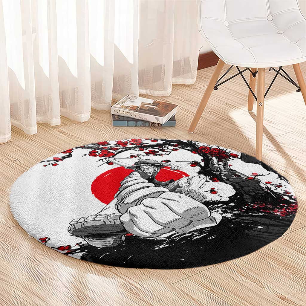 Luffy Gear 3 One Piece Anime White and Red Japanese Art Style Round Carpet with Cherry Blossom Tree and Straw Hat Pirates Jolly Roger - The Mazicc