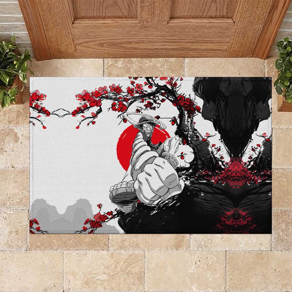Luffy Gear 3 One Piece Anime White and Red Japanese Art Style Rubber Doormat with Cherry Blossom Tree and Straw Hat Pirates Jolly Roger - The Mazicc