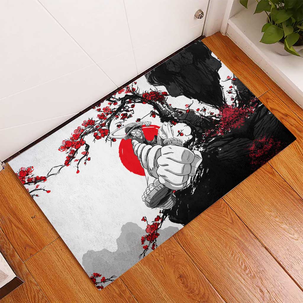 Luffy Gear 3 One Piece Anime White and Red Japanese Art Style Rubber Doormat with Cherry Blossom Tree and Straw Hat Pirates Jolly Roger - The Mazicc