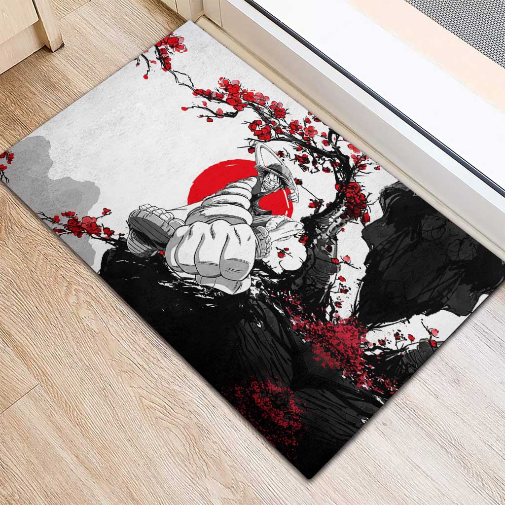 Luffy Gear 3 One Piece Anime White and Red Japanese Art Style Rubber Doormat with Cherry Blossom Tree and Straw Hat Pirates Jolly Roger - The Mazicc