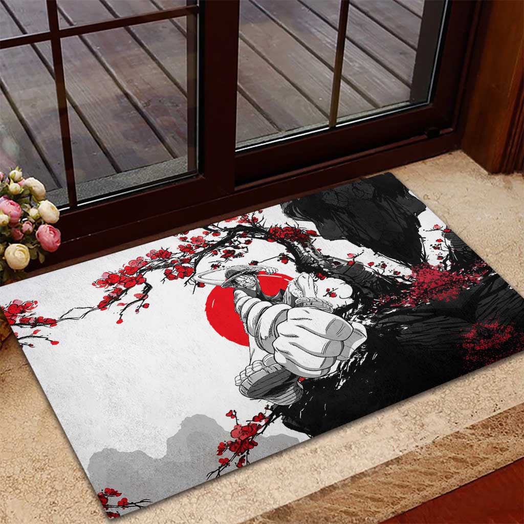 Luffy Gear 3 One Piece Anime White and Red Japanese Art Style Rubber Doormat with Cherry Blossom Tree and Straw Hat Pirates Jolly Roger - The Mazicc