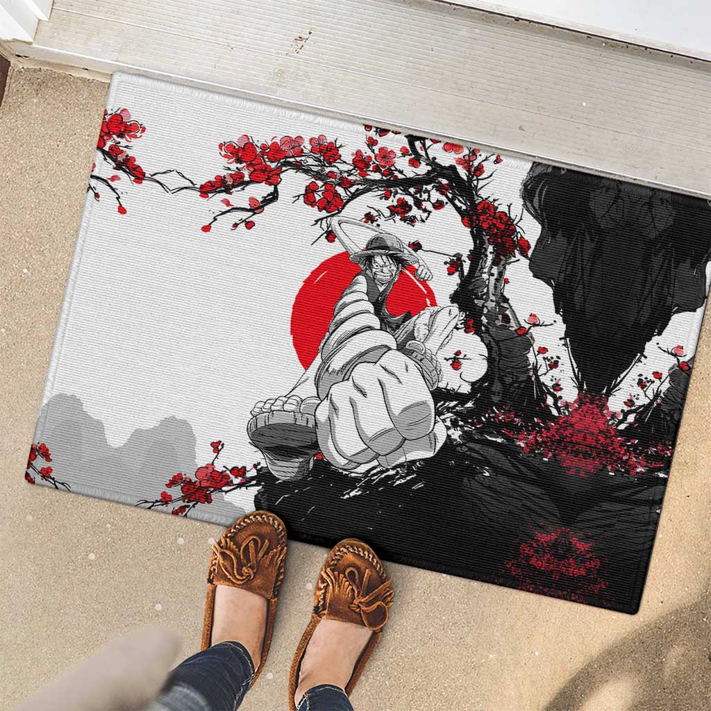 Luffy Gear 3 One Piece Anime White and Red Japanese Art Style Rubber Doormat with Cherry Blossom Tree and Straw Hat Pirates Jolly Roger - The Mazicc