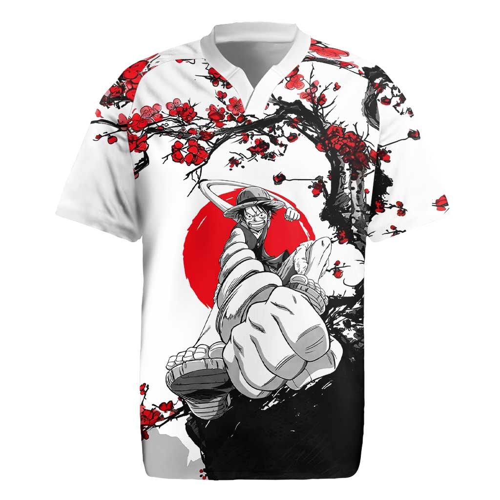 Luffy Gear 3 One Piece Anime White and Red Japanese Art Style Rugby Jersey with Cherry Blossom Tree and Straw Hat Pirates Jolly Roger - The Mazicc