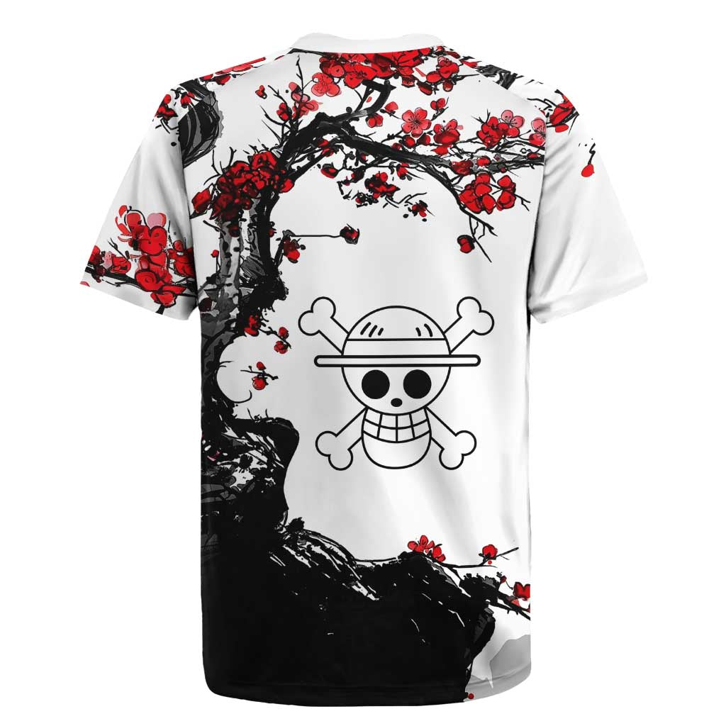 Luffy Gear 3 One Piece Anime White and Red Japanese Art Style Rugby Jersey with Cherry Blossom Tree and Straw Hat Pirates Jolly Roger - The Mazicc